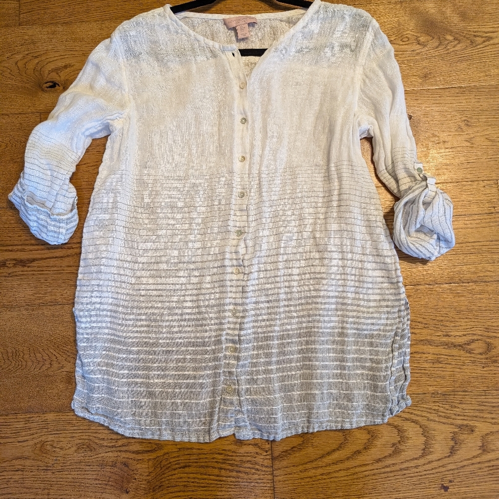 St. Tropez West 100 % Linen Striped Blouse White Gray Button Front Women's Large
